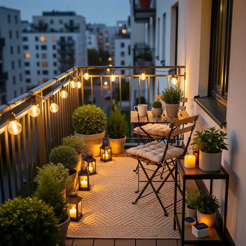 Small Balcony Setup with Solar Lights