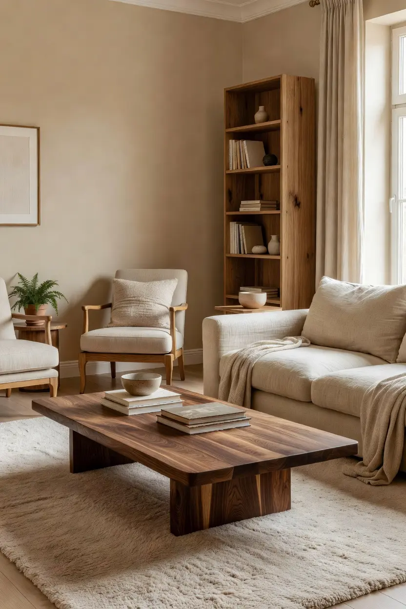 Cozy Beige Living Room Ideas with Wood Furniture
