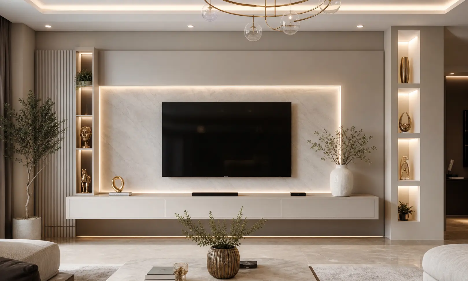Greige & White Luxury TV Wall Design Ideas