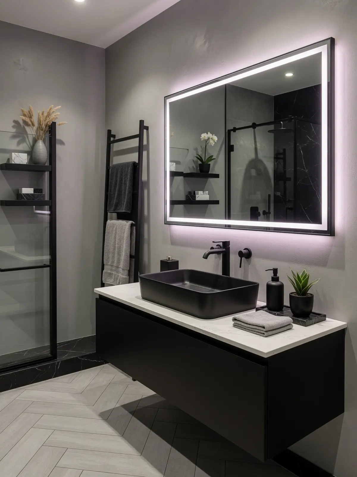Modern Grey Bathroom Ideas with LED Mirrors