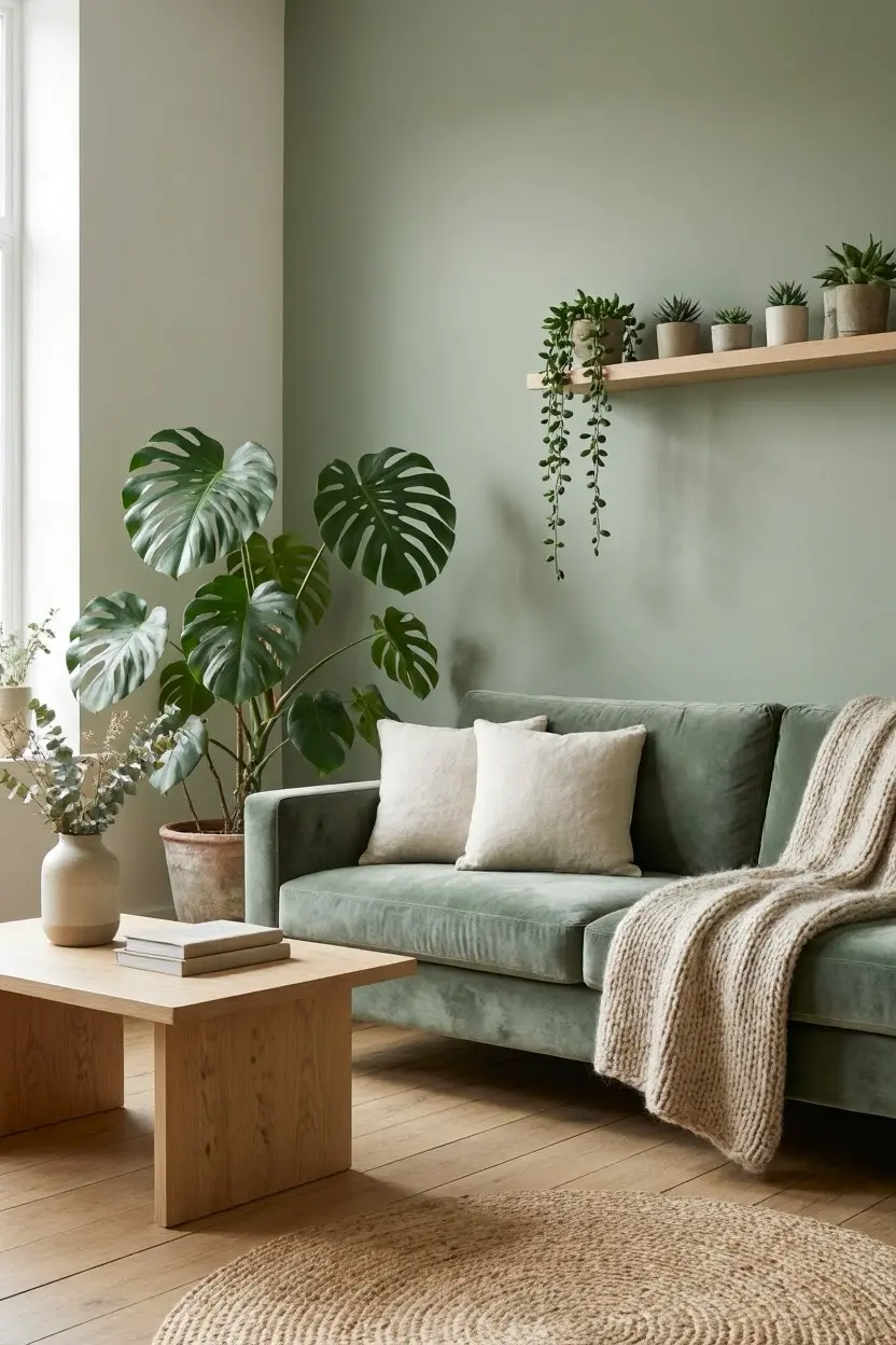 Cozy Sage Green Living Room Ideas with Plants