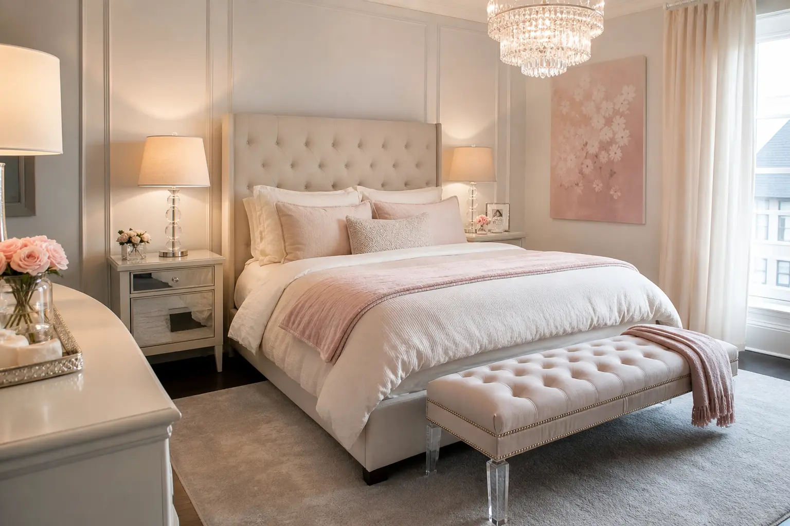 Aesthetic Blush Pink & Off-White Luxury Bedroom Decor