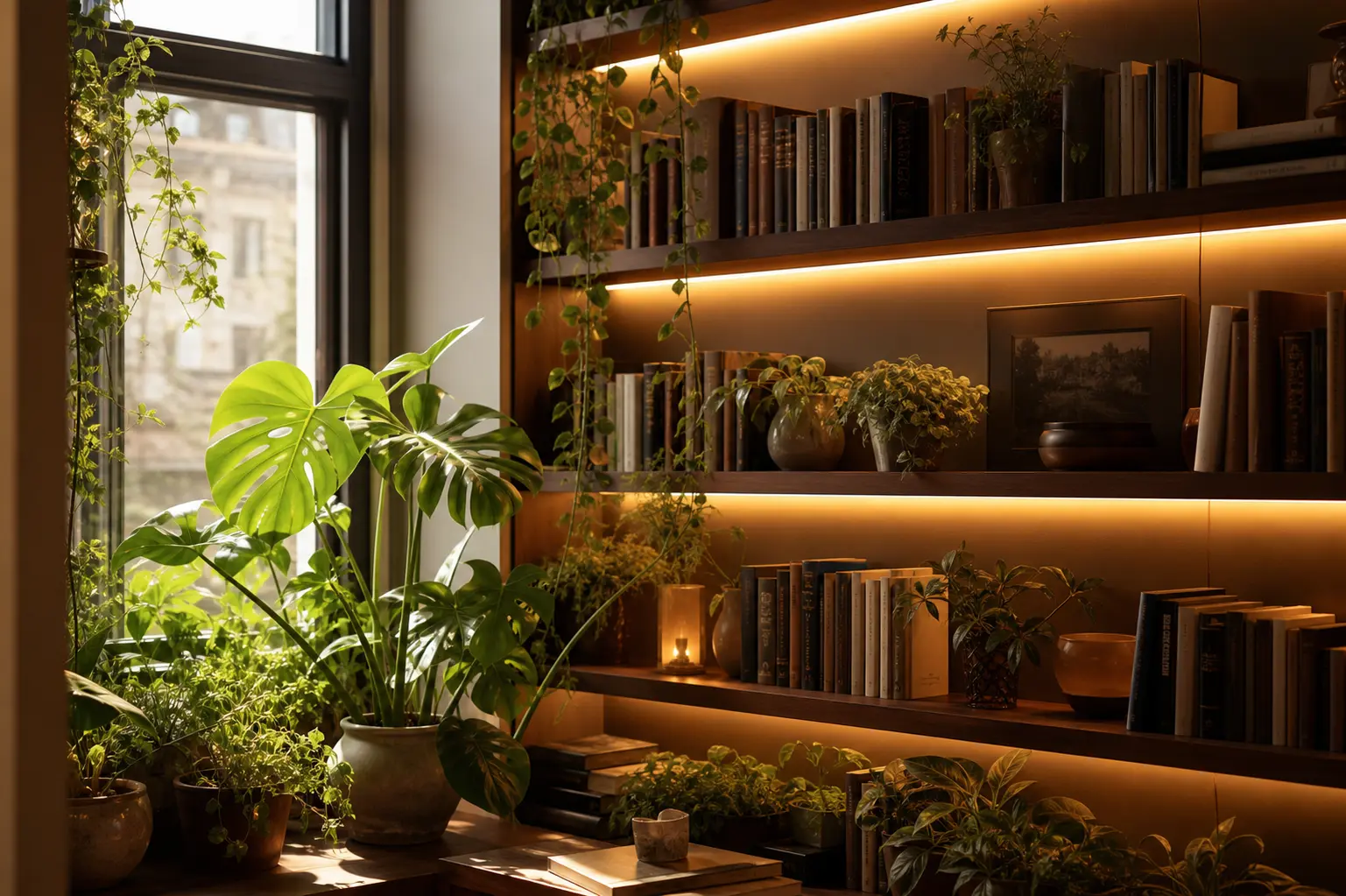 Cozy Backlit Bookshelf & Plant Corner Ideas
