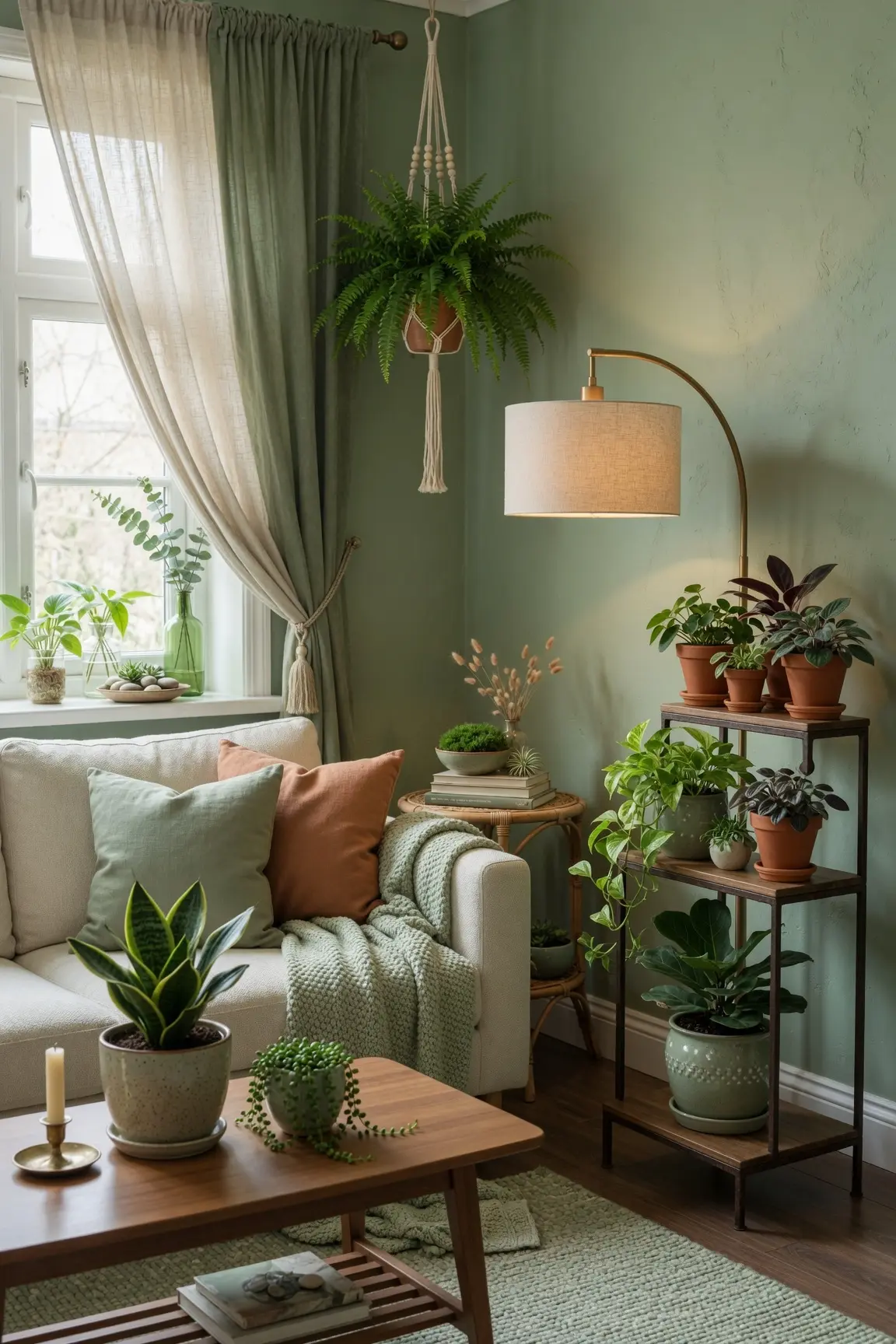 Cozy Sage Green Living Room Ideas with Plants