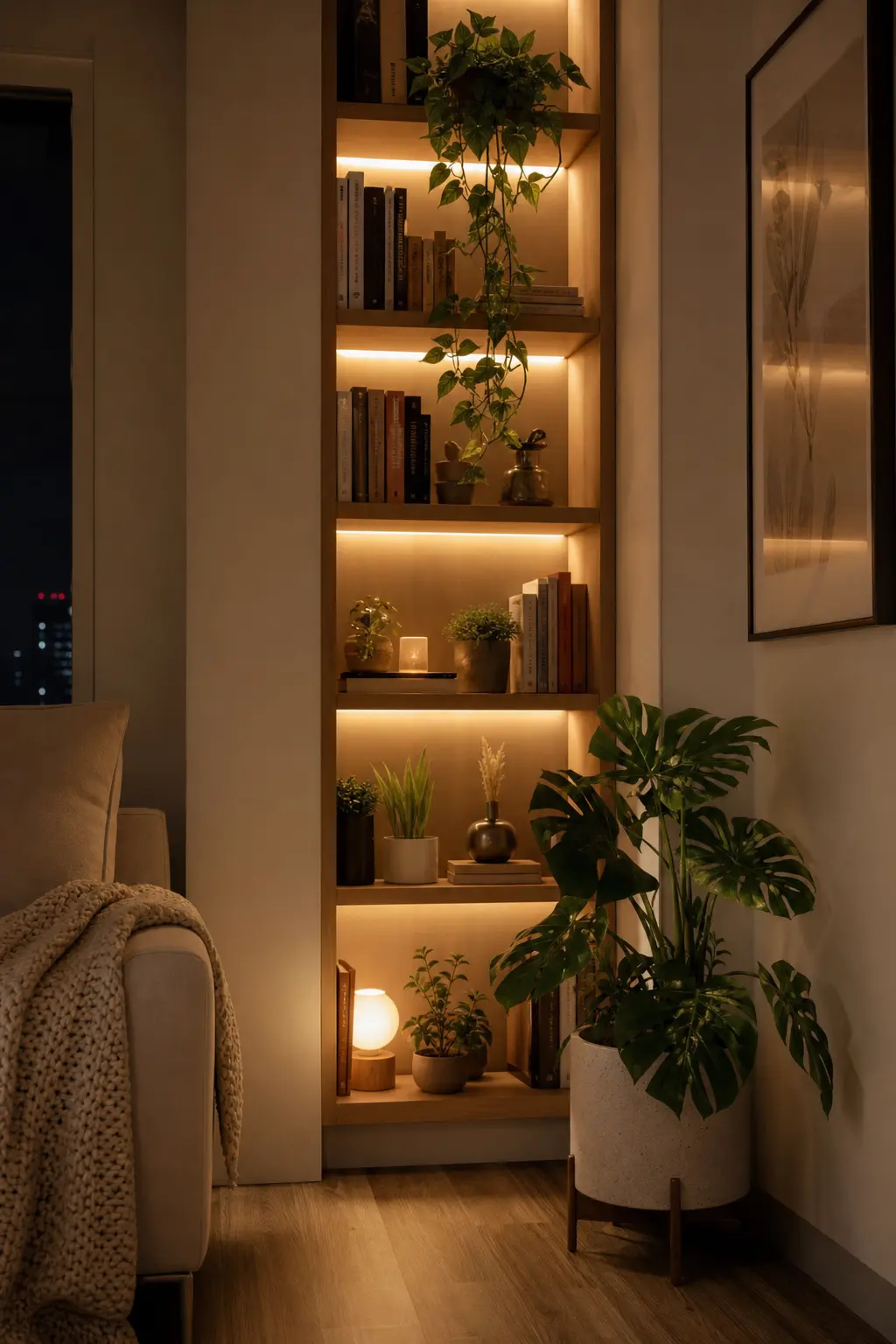 Cozy Backlit Bookshelf & Plant Corner Ideas