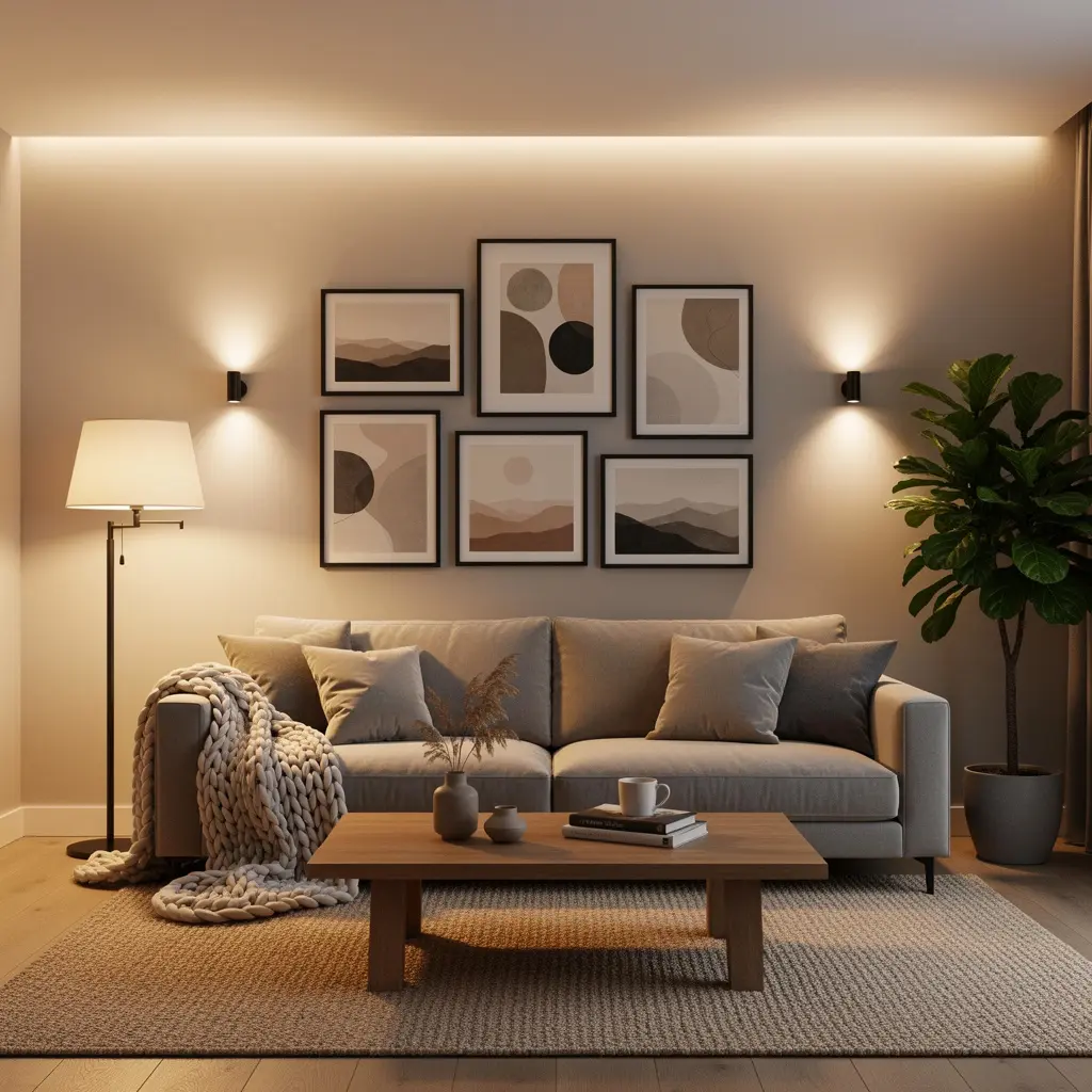 Warm Ambient Lighting and Cozy Living Room Wall Art