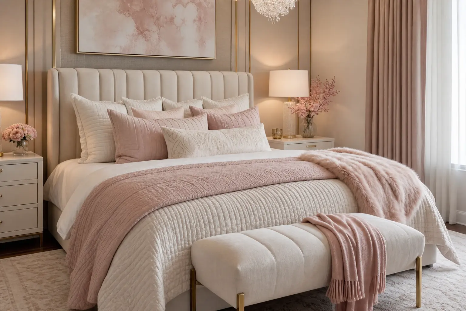 Aesthetic Blush Pink & Off-White Luxury Bedroom Decor