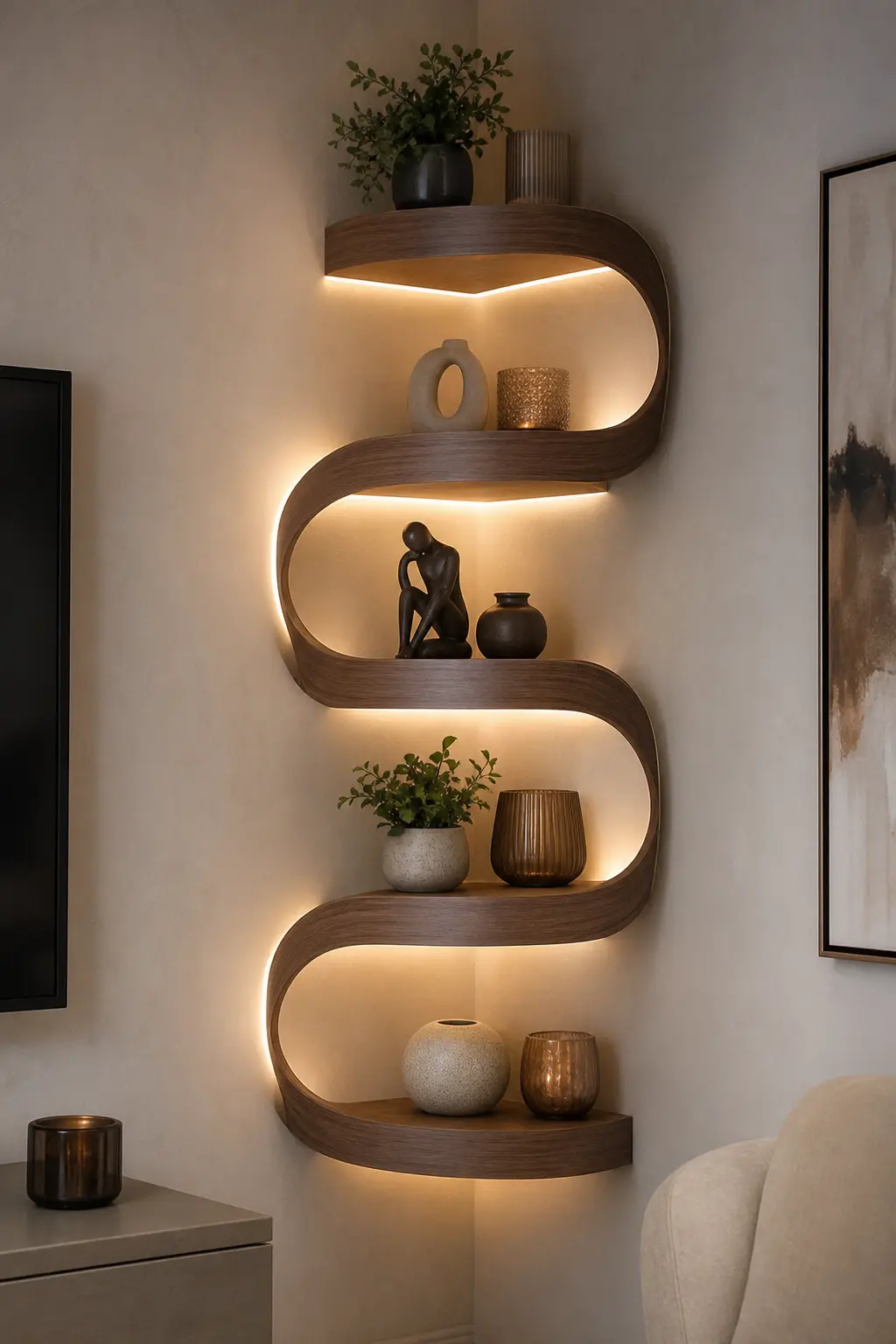 Modern S-Shaped Floating Corner Shelf Ideas