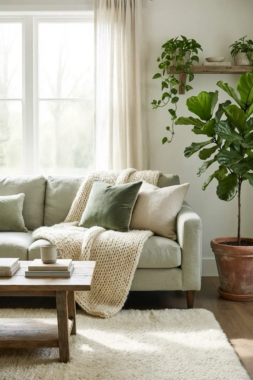 Cozy Sage Green Living Room Ideas with Plants