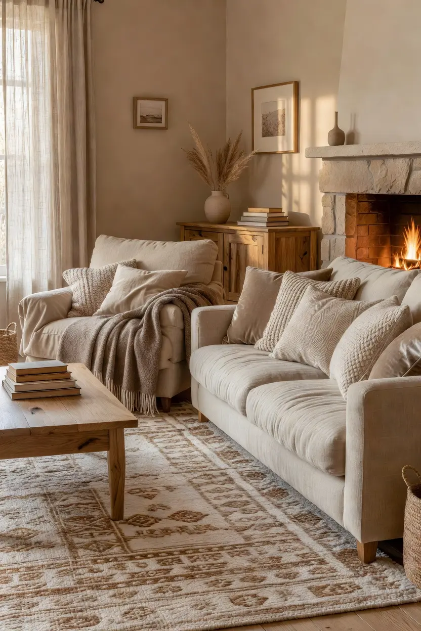 Cozy Beige Living Room Ideas with Wood Furniture