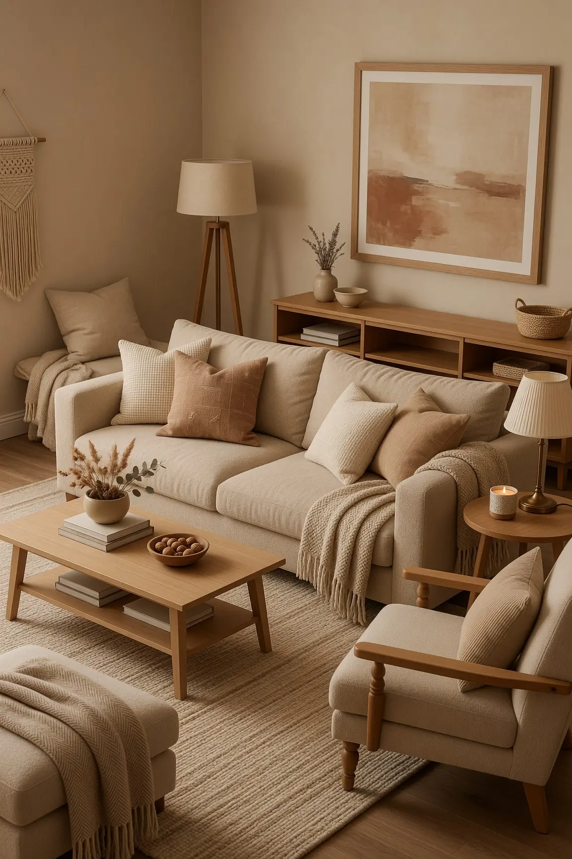 Cozy Beige Living Room Ideas with Wood Furniture