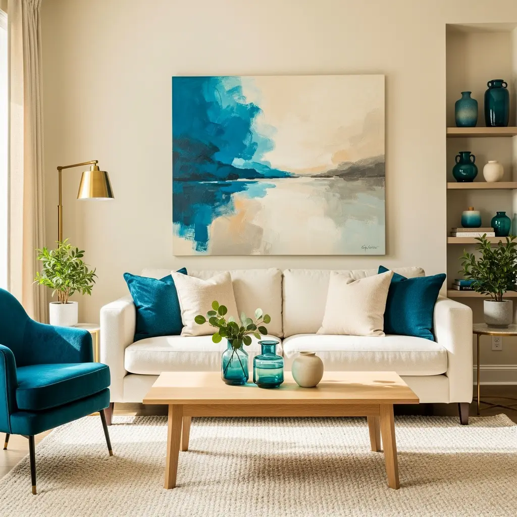 Teal Blue and Cream Living Room Ideas