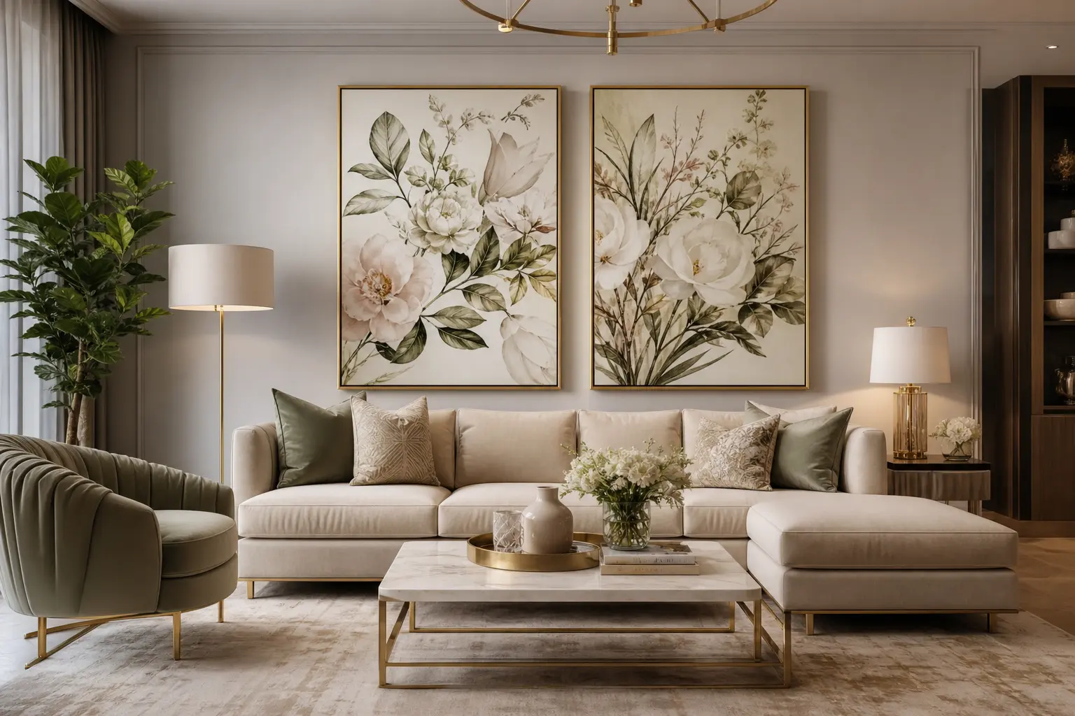 Elegant Luxury Living Room Ideas with Floral Wall Art