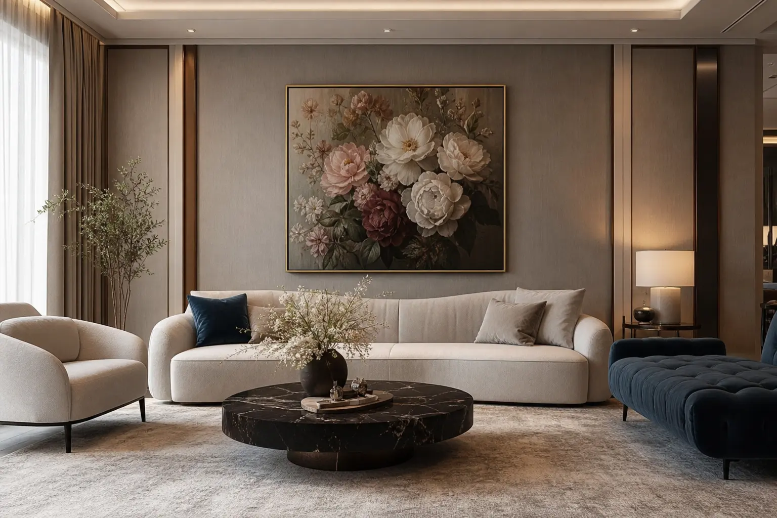 Elegant Luxury Living Room Ideas with Floral Wall Art