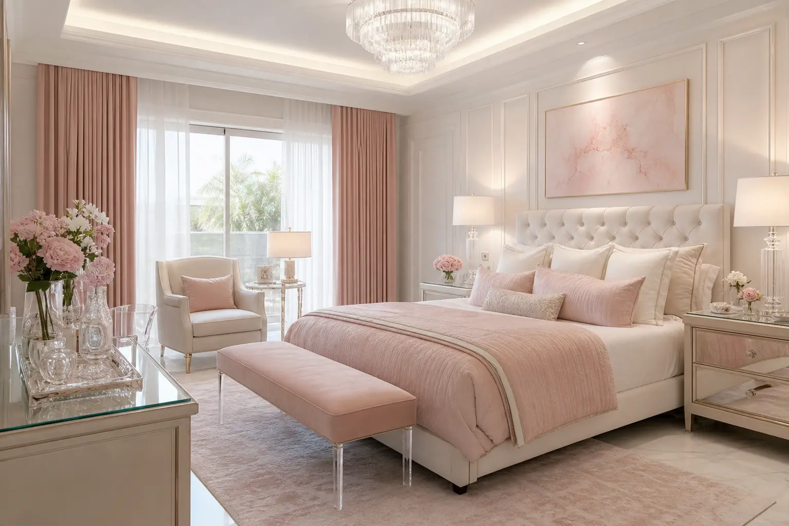 Aesthetic Blush Pink & Off-White Luxury Bedroom Decor