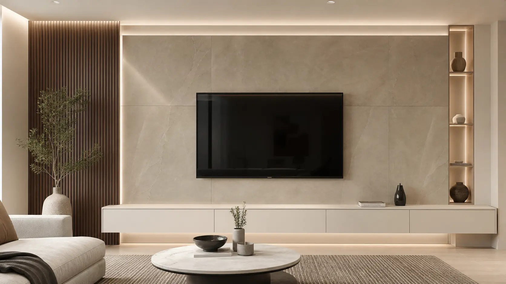 Greige & White Luxury TV Wall Design Ideas