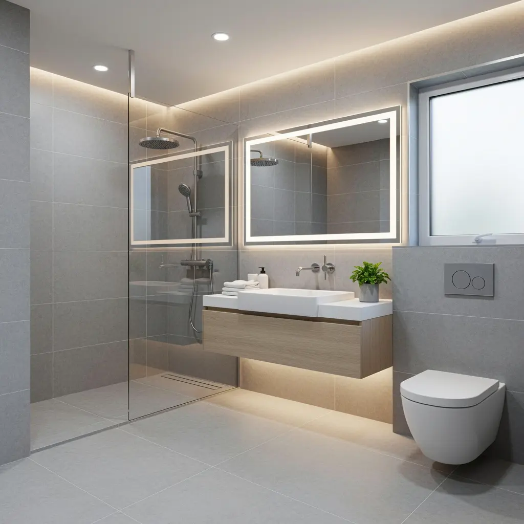 Modern Grey Bathroom Ideas with LED Mirrors