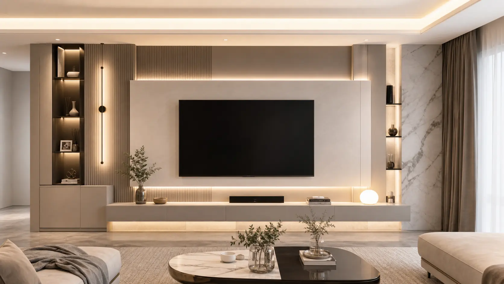 Greige & White Luxury TV Wall Design Ideas