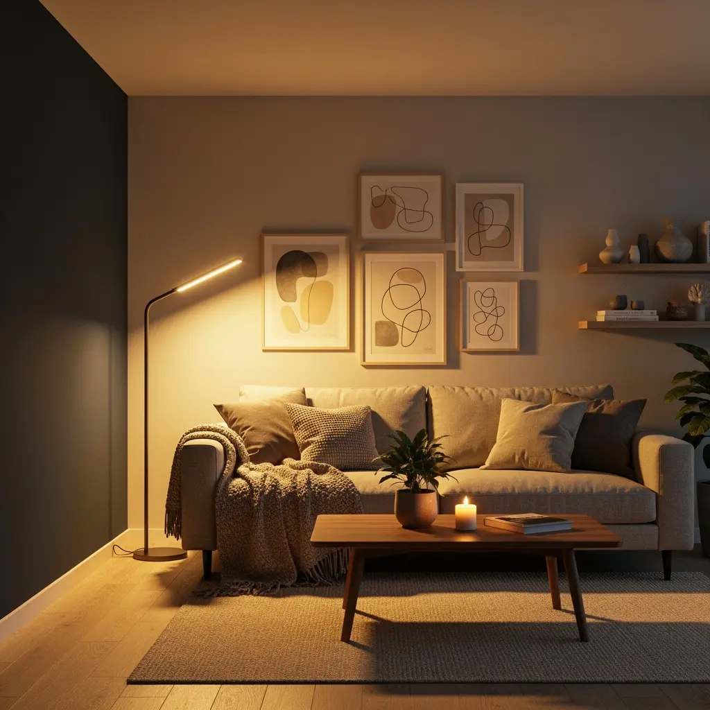 Warm Ambient Lighting and Cozy Living Room Wall Art