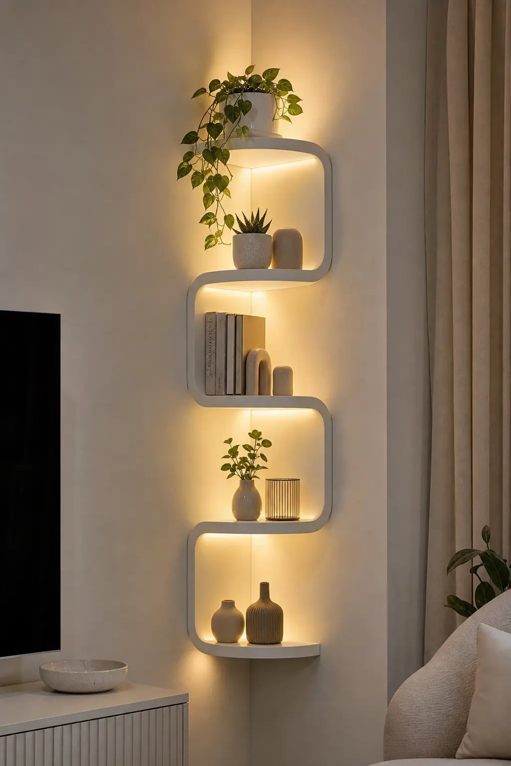 Modern S-Shaped Floating Corner Shelf Ideas
