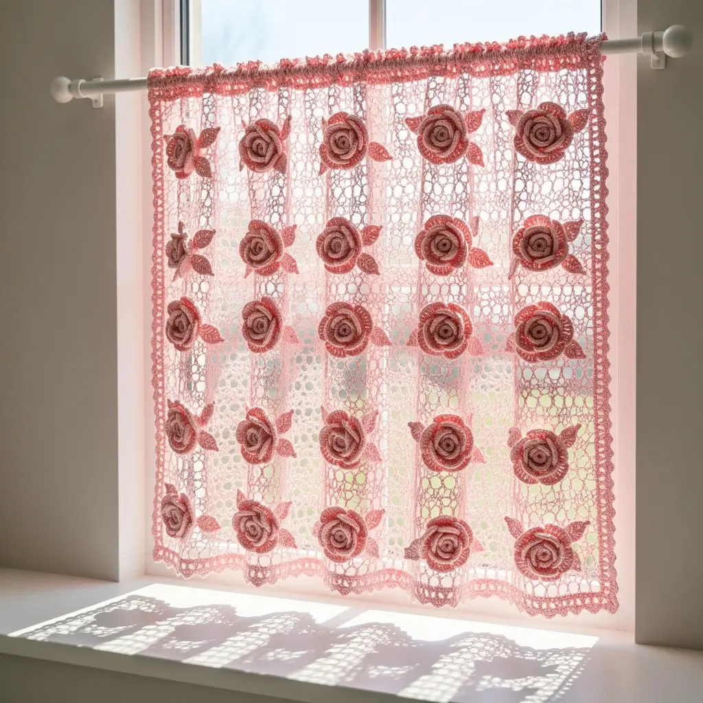 Pink Crochet Rose Curtain