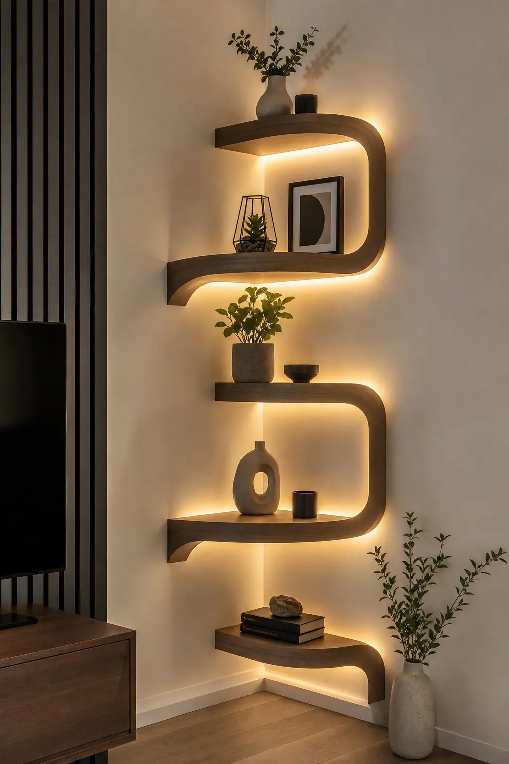 Modern S-Shaped Floating Corner Shelf Ideas