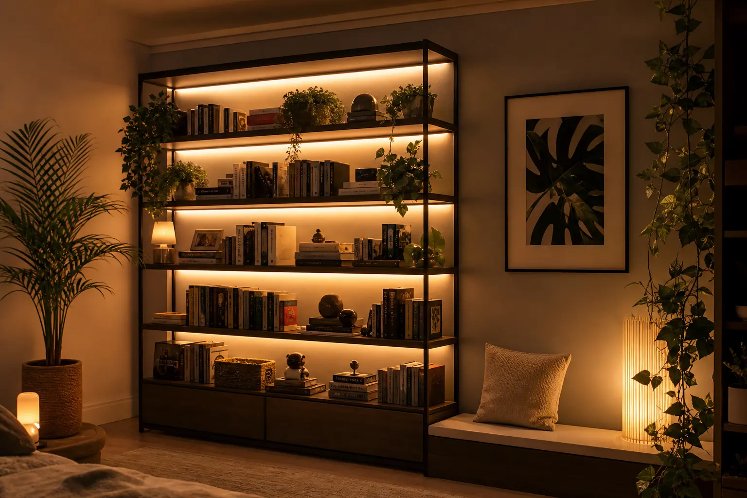 Cozy Backlit Bookshelf & Plant Corner Ideas