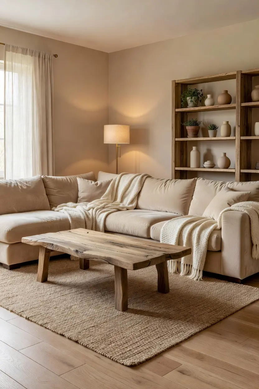 Cozy Beige Living Room Ideas with Wood Furniture