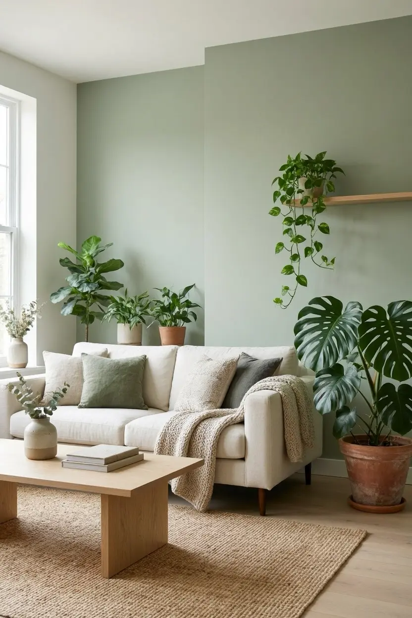 Cozy Sage Green Living Room Ideas with Plants