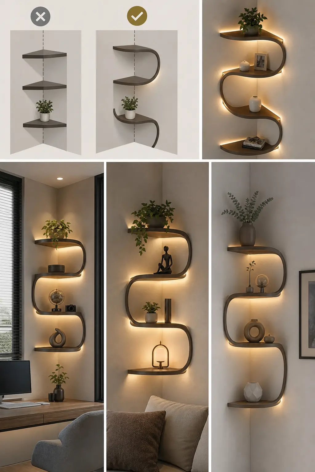 Modern S-Shaped Floating Corner Shelf Ideas