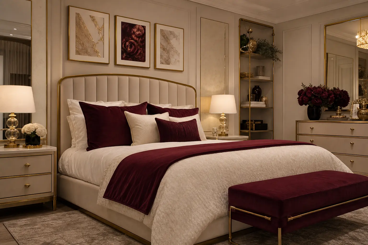 Luxury Warm White, Burgundy & Gold Bedroom Design Ideas
