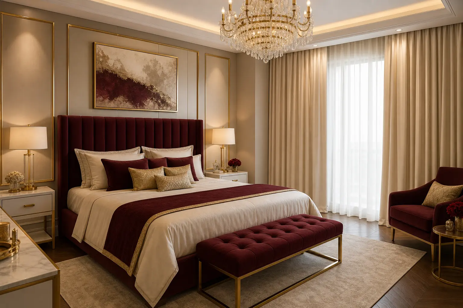 Luxury Warm White, Burgundy & Gold Bedroom Design Ideas
