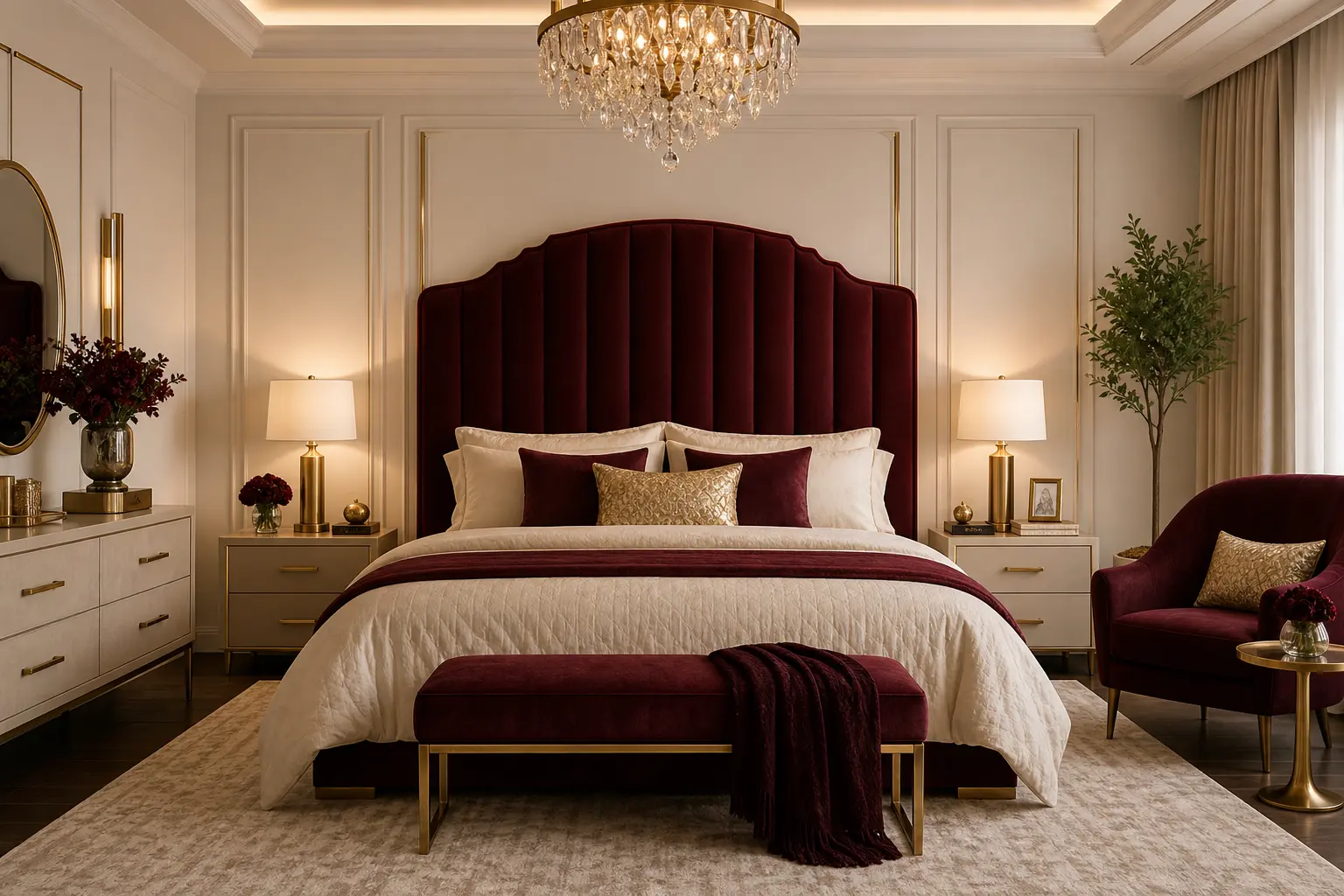 Luxury Warm White, Burgundy & Gold Bedroom Design Ideas