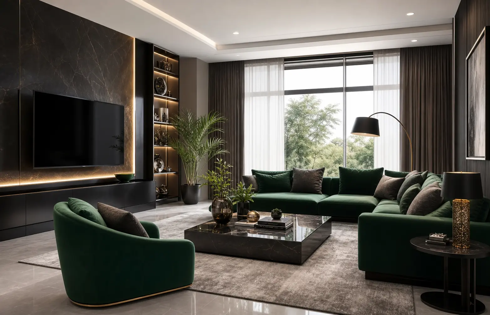 Modern Emerald & Charcoal Living Room Decor Ideas