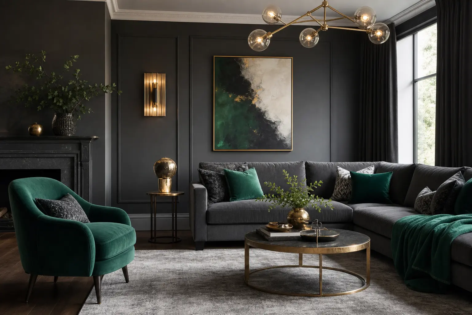 Modern Emerald & Charcoal Living Room Decor Ideas
