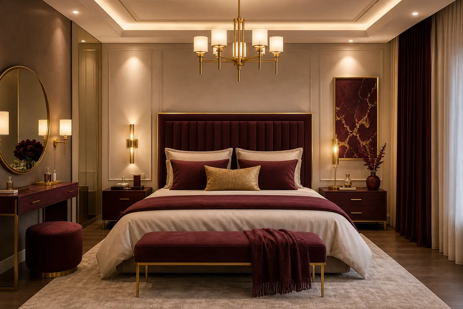 Luxury Warm White, Burgundy & Gold Bedroom Design Ideas