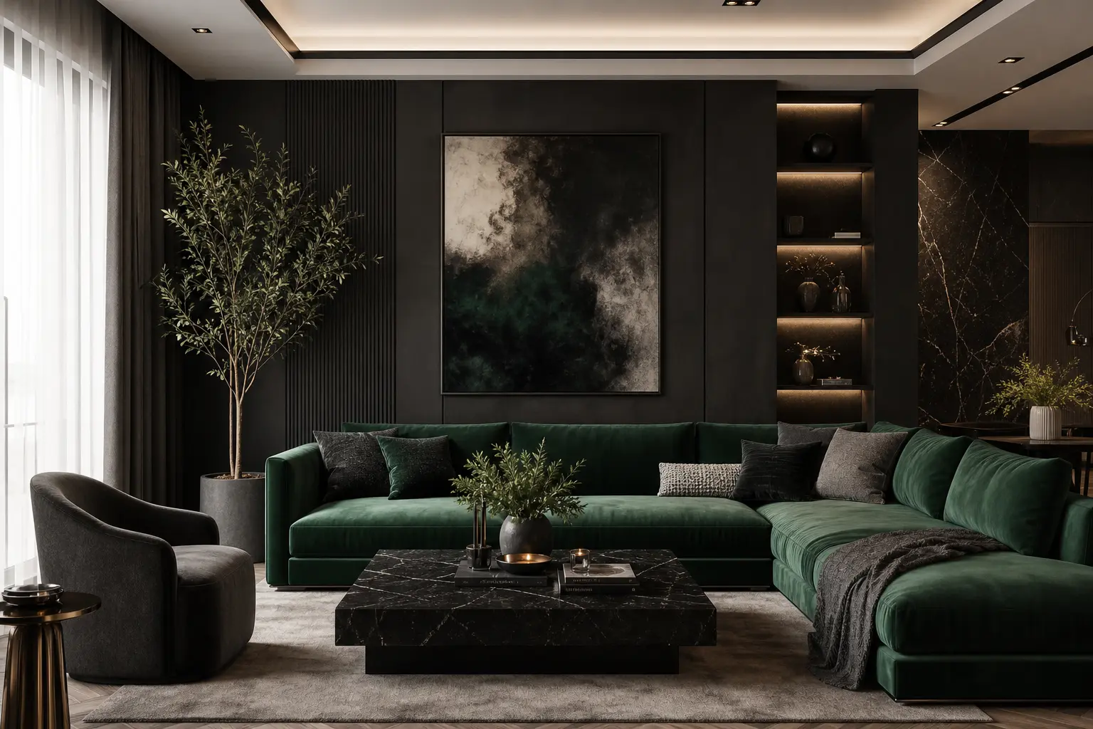 Modern Emerald & Charcoal Living Room Decor Ideas