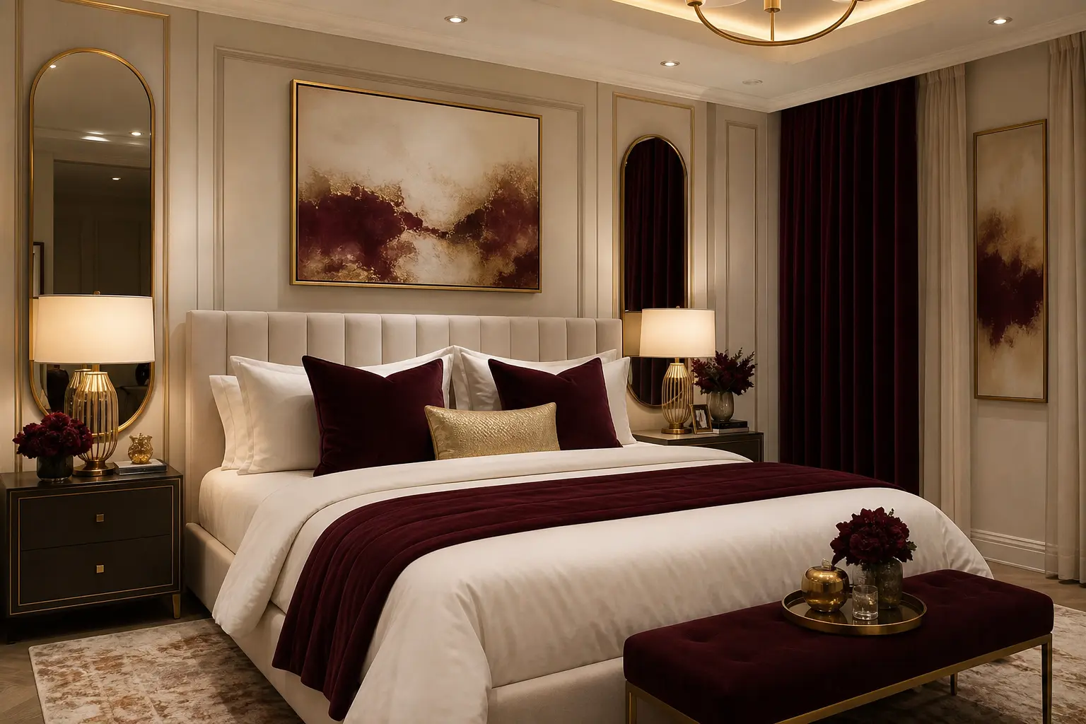 Luxury Warm White, Burgundy & Gold Bedroom Design Ideas