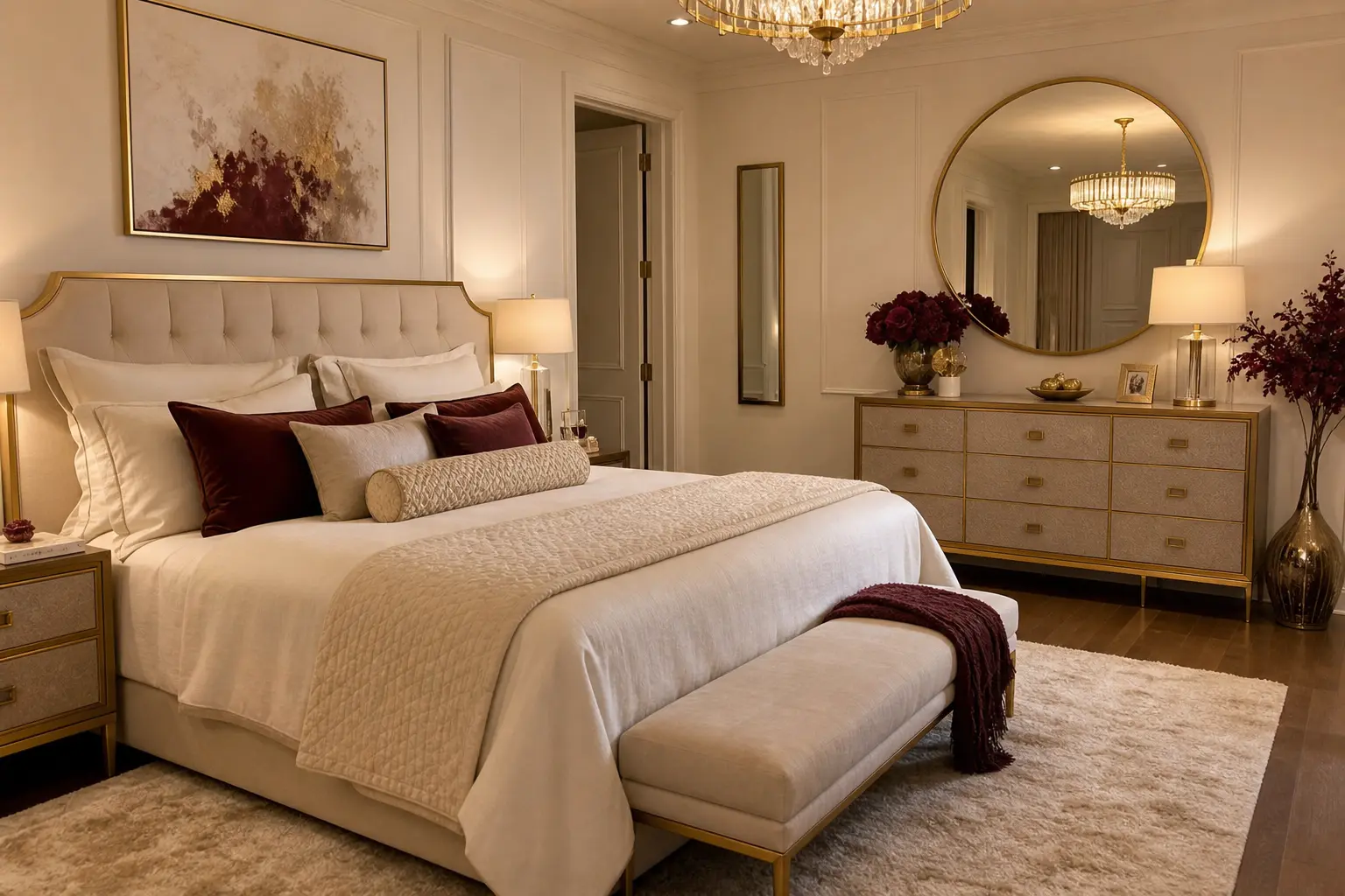Luxury Warm White, Burgundy & Gold Bedroom Design Ideas