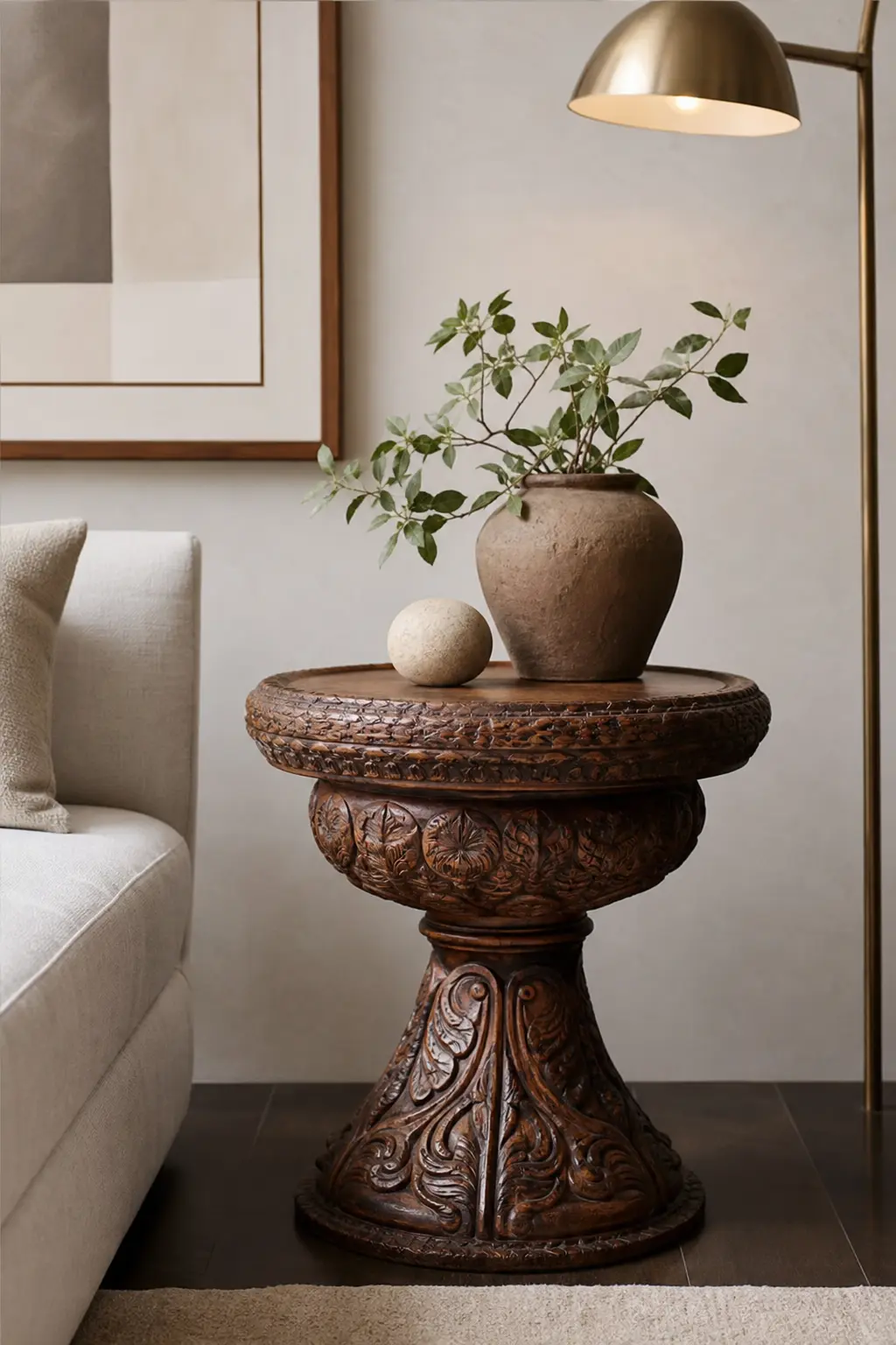 Elegant Hand-Carved Wooden Pedestal Side Table Ideas