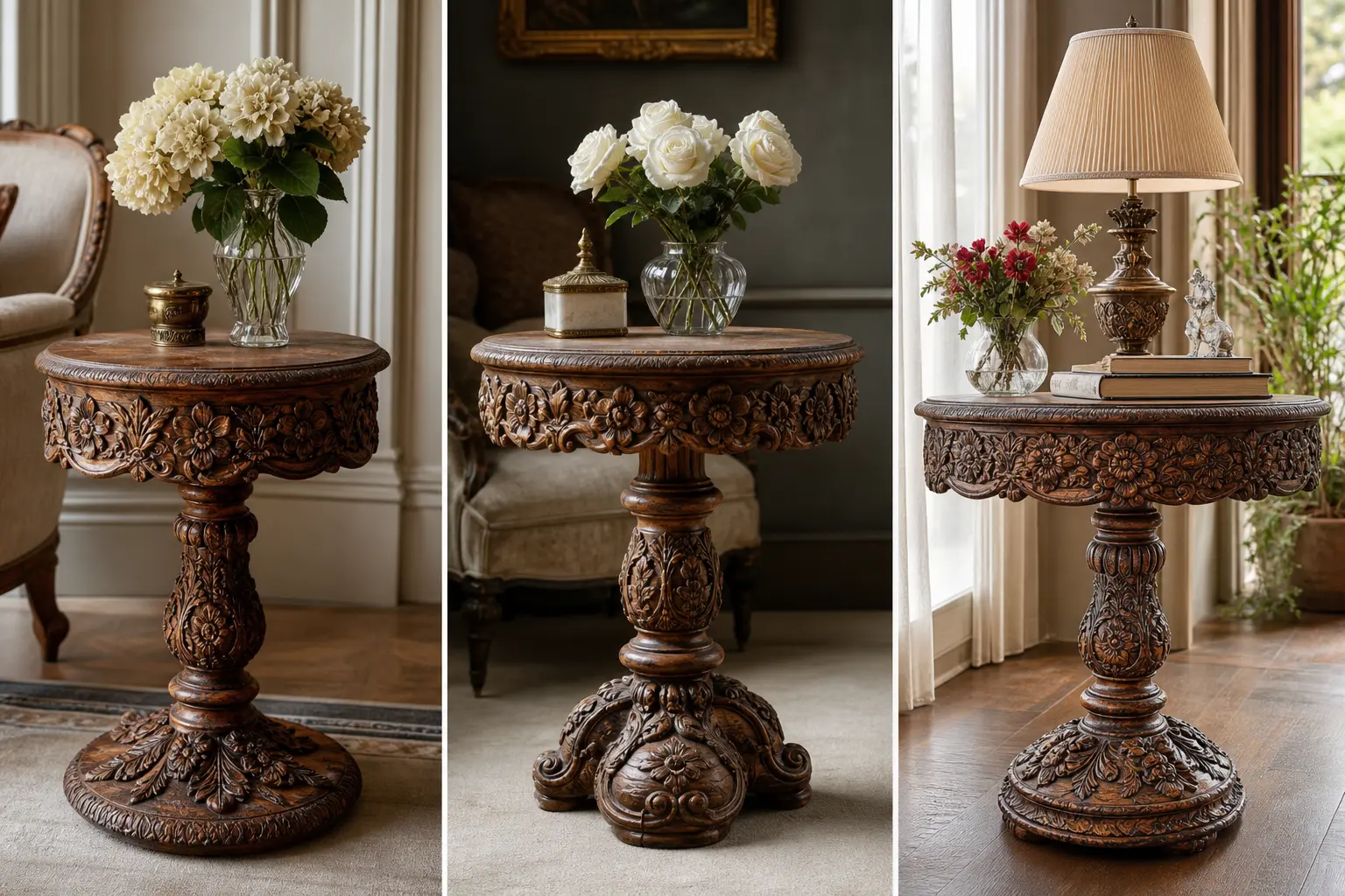 Elegant Hand-Carved Wooden Pedestal Side Table Ideas