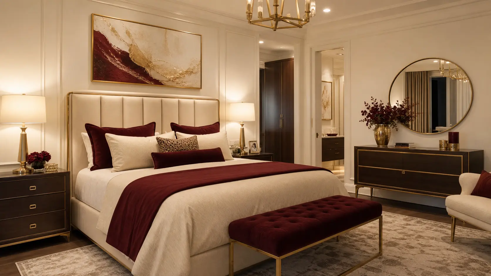 Luxury Warm White, Burgundy & Gold Bedroom Design Ideas