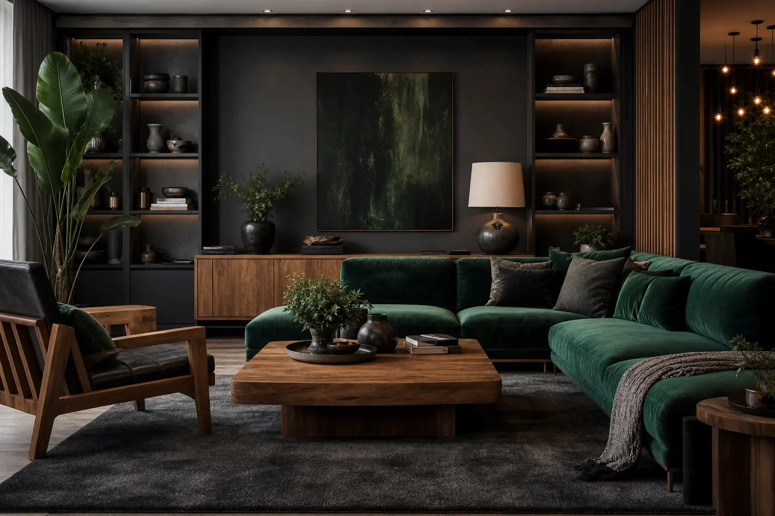Modern Emerald & Charcoal Living Room Decor Ideas