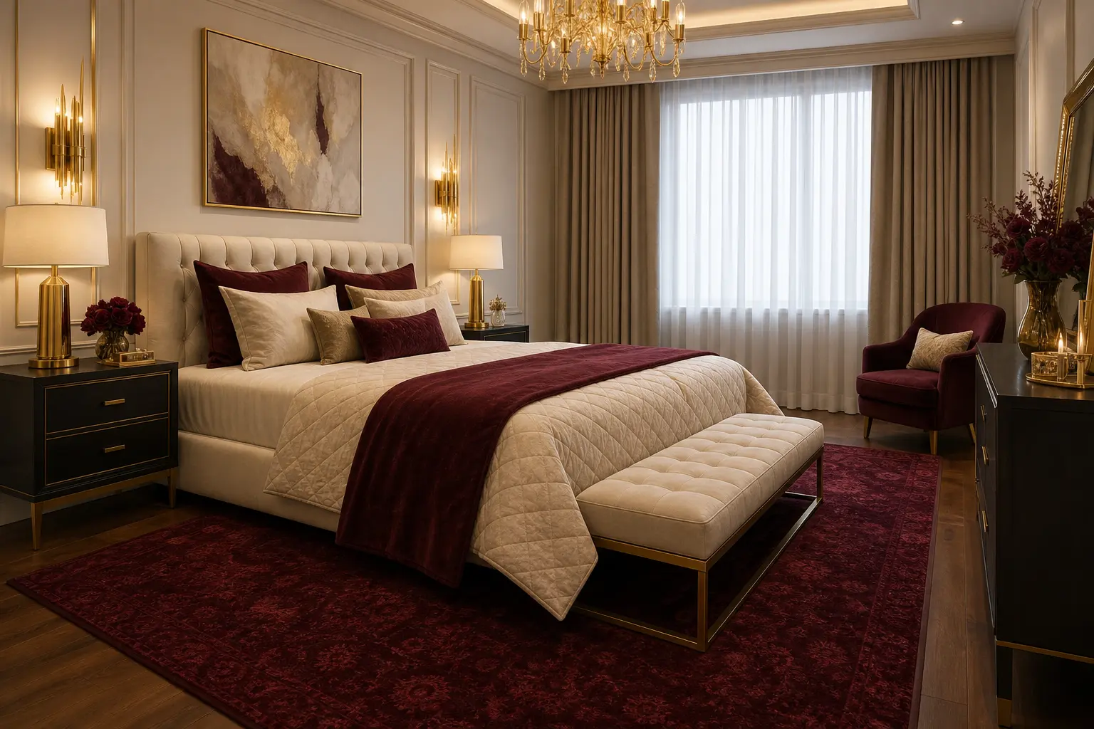 Luxury Warm White, Burgundy & Gold Bedroom Design Ideas